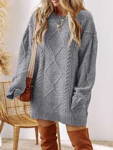 Acelitt Plus Size Women's Solid Color Knitted Fabric Pattern Off-Shoulder Plus Size Sweater Dress, Autumn/Winter - Grey - View 1
