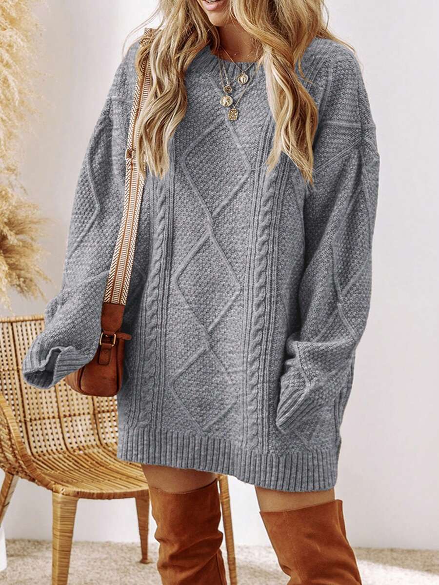 Acelitt Plus Size Women's Solid Color Knitted Fabric Pattern Off-Shoulder Plus Size Sweater Dress, Autumn/Winter - Grey - View 1