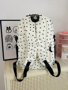 1 pièce Sac à dos décontracté en nylon noir et blanc avec imprimé étoile tout-sur-tout, compartiments multiples, fermeture éclair lisse, grande capacité, pliable, résistant à l'eau, sangles d'épaule réglables, convient pour un usage quotidien, l'école, l'entraînement, les déplacements, les courses, les voyages, cadeau pour les filles et les femmes