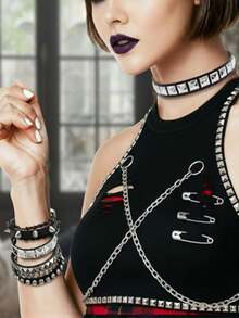 Punk Rock Faux Leather Studded Necklace Bracelet Set, Unisex Choker Wristband For Daily, Festival, Party Outfit, Gothic Choker Bracelet Set