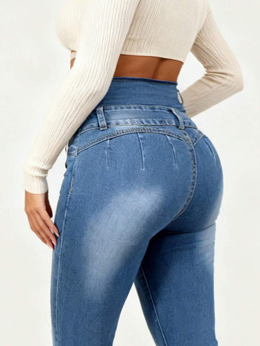 新款时尚高腰修身性感紧身牛仔裤，四季皆宜 - 淺色水洗藍 - 查看 1