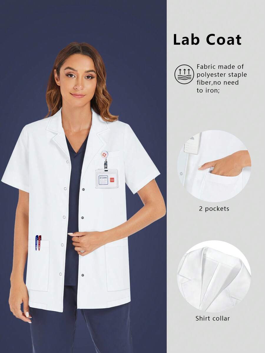 cimmuovere Women's Short Sleeve Lapel Open Front Scrubs Coat, Nurse Scrubs Workwear For Dentist, Healthcare, Pet Hospital, Laboratory