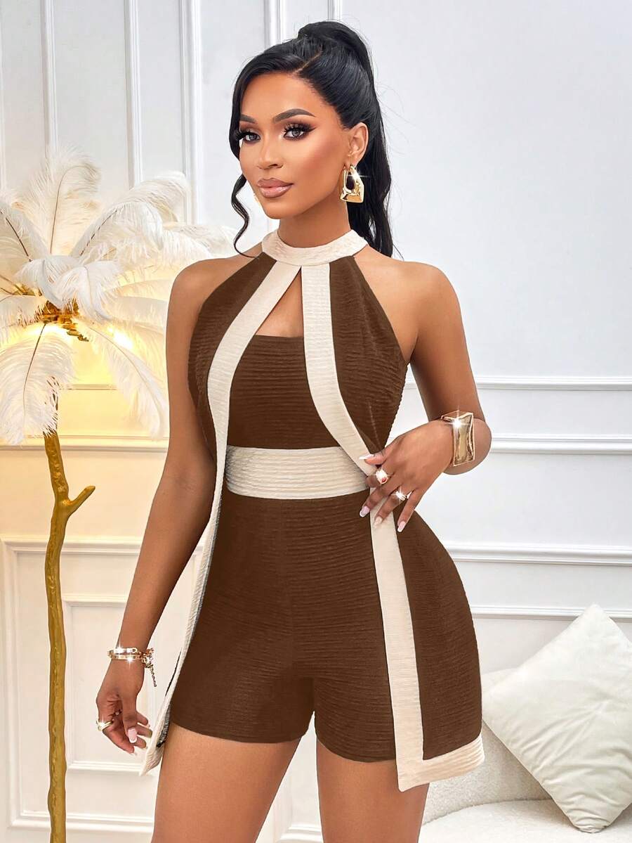 AIJ Bộ jumpsuit nữ thời trang gợi cảm, thanh lịch, phối màu tương phản, kiểu cổ yếm, thích hợp cho mùa hè. - màu nâu - Xem 1