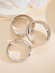 Set de 3 piezas de brazaletes anchos de metal plateado con diseño geométrico exagerado y vintage, adecuado para uso diario y como regalo - Plata 2 - Ver 6