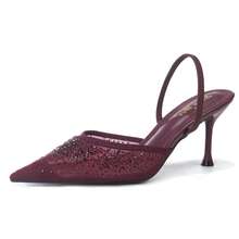 RevReaL Mesh Slingback Heels With Rhinestones – Pointed-Toe Kitten Heel (Rhinestone Beach) - Wine - View 2