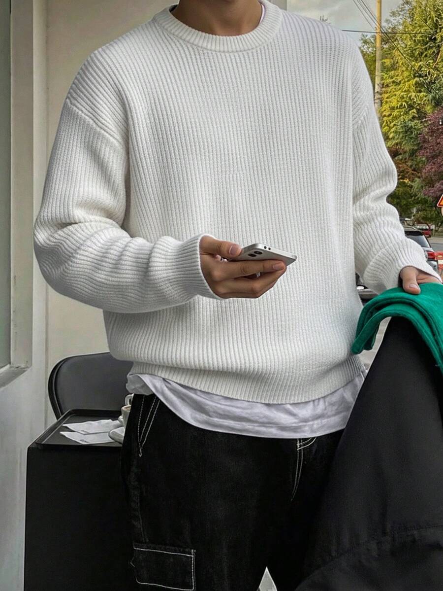Lightweight, Warm Knit Pullover Sweater, Loose Fit, Polyester Fabric, Casual, Collegiate Style, Unisex Design, Long Sleeve, Drop Shoulder, Minimalist Crew Neck, Suitable For Autumn And Winter - White - View 1