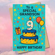 بطاقة تهنئة عيد ميلاد احتفالية مع مغلف (11 سم * 16 سم) - "عيد ميلاد سعيد لحفيد خاص"، مشهد احتفالي مع كعكة وبالونات، مثالية للعائلة والحفيد، مناسبة لاحتفالات عيد الميلاد، بطاقة تهنئة عيد ميلاد | بطاقة كعكة عيد الميلاد | بطاقة ترحيب ورقية