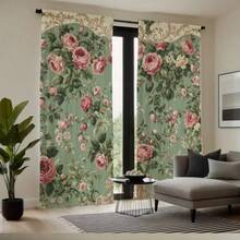 2pcs Elegant Pink Rose And Flower Pattern Curtains - Retro Green Background Curtains, Translucent Polyester Fiber Curtains, Easy To Hang Rod Pocket Design For Living Room And Bedroom, Machine Washable, Living Room Curtains - Multicolor - View 2