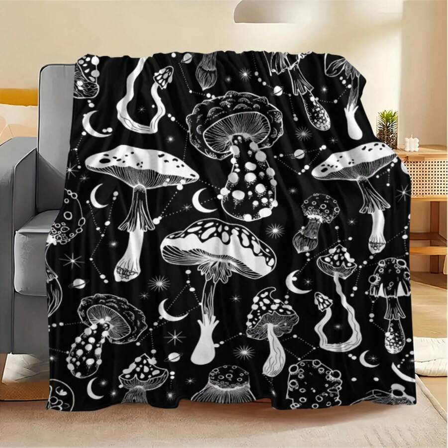 Cozy Black & White Mushroom & Snail Flannel Blanket - Plush All-Season Bedspread With Magical Forest Creatures, Soft Bed/Couch/Travel Throw & S, Durable Bedding Gift (/Black)-30*40in - 彩色 - 查看 1