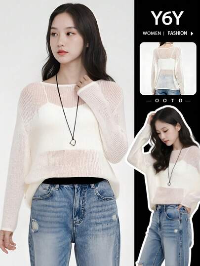 Autumn Loose Knit Sweater, Round Neck Thin Oversized Pullover, Sheer White Hollow Out Lightweight Top