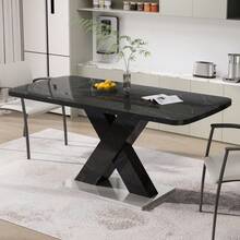 Modern Rectangular Dining Table, 120cm-160cm, Extendable, With Printed Black Marble Top + MDF X-Shaped Table Leg With Metal Base - Black + MDF+Steel + Primary Living Space - View 12