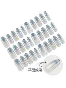 30片杏仁形/渐变长指甲贴纸，彩色条纹图案，亚克力假指甲套装，包含1瓶凝胶指甲油和1把指甲锉，适合女性在秋冬季日常工作、学习和聚会中使用。这款美甲产品也适合派对、节日和日常使用。美甲用品 - 彩色 - 查看 3