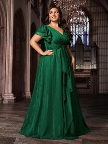 QOQ 优雅大码纯色伴娘礼服，V领荷叶袖编织长款礼服，拉链闭合 - 墨綠色 - 查看 5