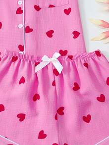 Heart Print Women's Bubble Crinkle Short Sleeve & Shorts Pajama Set - Pink - View 6