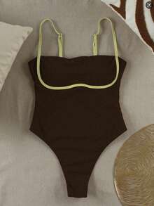Khaki Contrast Color Hollow Out One-Piece Swimsuit, Halter Neck Design + Cutout Waist, Exudes Elegant Vibe, Creates Sexy Vacation Look - Coffee Brown - View 3