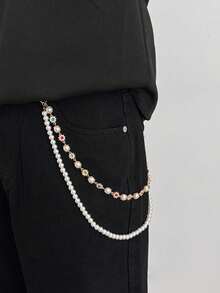 1 pieza Cadena de cintura con decoración de flor de perla falsa y cristal, accesorio de cadena corporal unisex de moda, adecuado para Halloween, escuela, otoño/invierno, casual, al aire libre, deportes, vacaciones, regalo de graduación, cumpleaños, uso diario