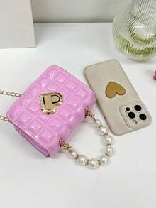Rhombus Pattern Fashion Mini Pearl Chain Handbag, Mini Children's Shoulder Crossbody Bag, Small Square Bag - Pink - View 5