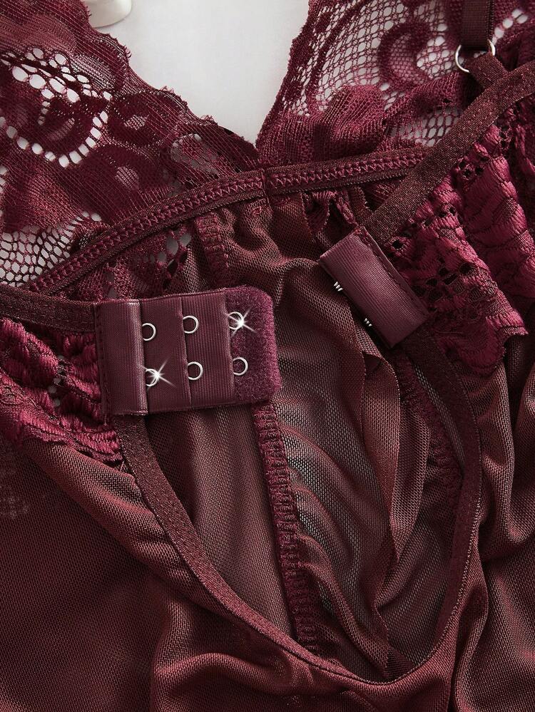Set de 2 piezas de lencería de talla grande para mujer con encaje y parches de malla con escote en V, adecuado para uso en casa e íntimo sexy - Color caoba - Añade 6