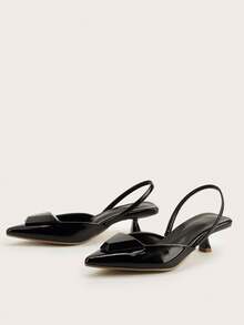 女士优雅黑色小猫跟鞋，纯色三角扣中跟尖头鞋，适合宴会、婚礼、派对、办公室等场合。