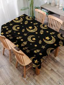 1pc Ramadan Series Printed Tablecloth, Gold Star & Moon Modern Polyester Rectangular/Round Waterproof Tablecloth, Digital Printing Suitable For Living Room, Outdoor Dining, Small Round Table - Black - View 13