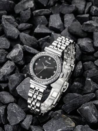 1 pièce Montre élégante pour femmes, décontractée et de bureau, avec cadran rond argent unicolore et échelle en cristal