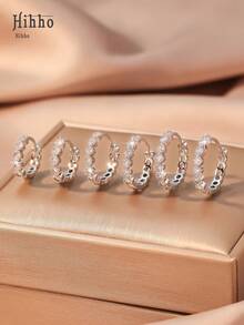 Hihho 3 对时尚方晶锆石环形耳环，简约优雅的日常佩戴珠宝套装，迷人的圆形耳环，适合女性、生日和约会礼物 - 銀色 - 查看 6