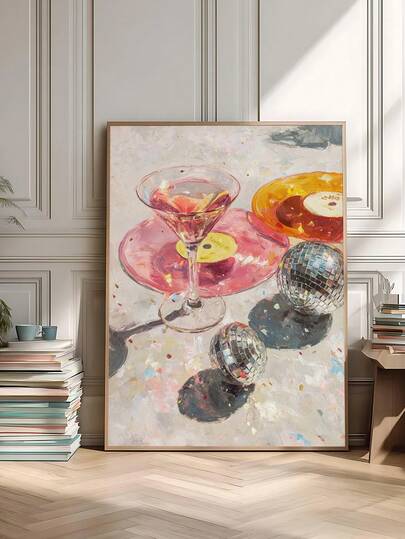 1pc Martini & Disco Ball Art Print, Light Pink Bar Cart Decor, Vintage Pink Disco Vinyl Record Art Print, Disco Ball Oil Painting Style, Bedroom Decor,Living Room Decor,Kitchen Decor, Dormitory Decor, Ideal Gift For Friends, Wall Arts, Wall Decor, Home Decor, Room Decor, Canvas Wall Art, Posters, Wall Art With Frame, Optional Frame