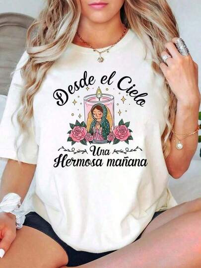 % Algodón Estilo Oversized Mujeres, Camiseta Nuestra Señora de Guadalupe, Camiseta Virgen María, Camiseta Fiel, Cuello Redondo Religioso, Camiseta Cristiana Inspiradora, Camiseta Holgada Mujeres, Fiestas o Regalos, Suave y Cómoda IWP9