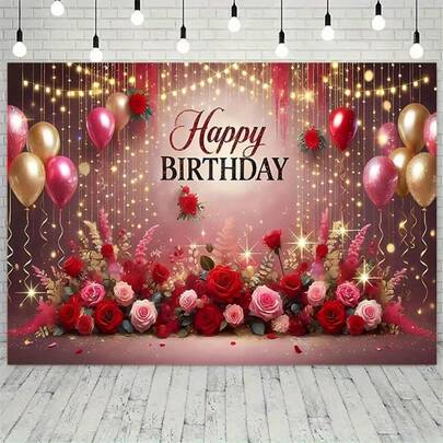 2D平面一体式大粉色玫瑰生日气球背景 - 优雅的涤纶派对墙面装饰，带有“生日快乐”字样、金色装饰和节日气球，适用于室内/室外庆祝活动、客厅、卧室、办公室、生日派对装饰