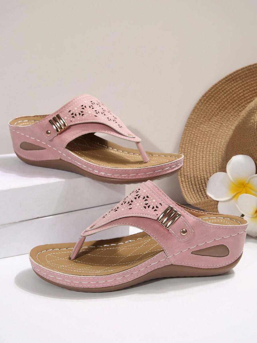 2026 New Style Women's Wedge Heel Flip-Flops - Breathable Hollow-Out Toe & Clip Design, Lightweight Synthetic Cover Sandals With Cushioned EVA Insole & Non-Slip PVC Sole, Slip-On All-Season Casual Shoes, Comfortable Footwear, Crisscross Strap Design, Durable Traction Footwear - 粉色 - 查看 1