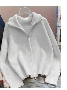 女士秋冬拉链开衫，中东风格宽松罗纹针织毛衣，柔软长袖休闲外套，适合圣诞派对 - 淺灰色 - 查看 10