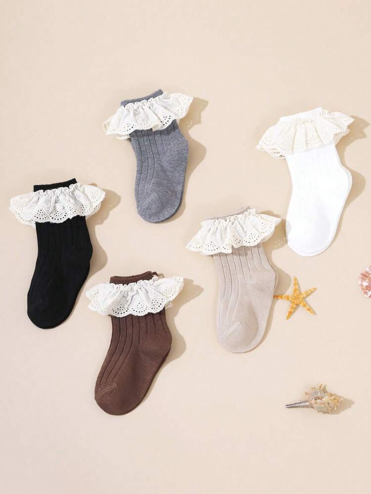 5 pares de calcetines para niños con adorno de encaje, calcetines de niña estilo español, calcetines elegantes y dulces para baile, calcetines para bebés - Blanco - Añade 13