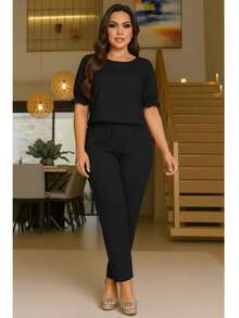 Women's Crepe Set Larisa - Traditional Pants And Blouse - Cool Knit Fabric - Excellent Fit - 黑色 - 查看 5