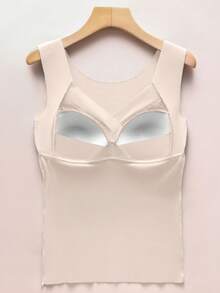 女士保暖背心，新款网眼图案抓绒保暖内衣，舒适固定罩杯聚拢文胸，无钢圈文胸，一体式无袖保暖加热打底衫。 - 杏色 - 查看 3