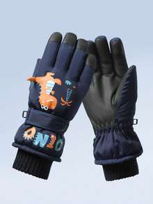 1 双儿童卡通恐龙滑雪手套，加厚保暖防风防水指套，适合冬季雪地玩耍 - 1Pair - 查看 2