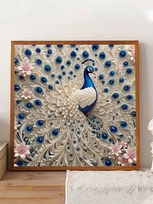 1件孔雀钻石画套装，5D DIY全圆形水钻浮雕马赛克工艺品，手工创意礼品，家居装饰墙画，无框画布，圆形钻石画套装，艺术休闲之选 - 彩色 - 查看 3