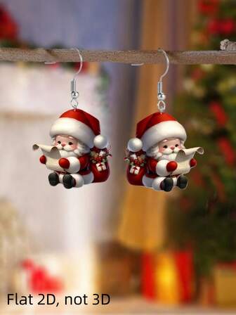 2 piezas Pendientes de acrílico con diseño de Papá Noel lindo, impresión plana de doble cara, de moda y ligeros, adecuados para mujeres y parejas para uso diario, fiestas, accesorios de otoño/invierno, Halloween, Acción de Gracias, regalos de Navidad
