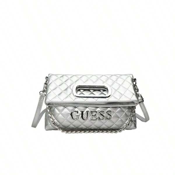 Bolso de cadena acolchado de diseño de nicho, bolso de hombro de piel de PU texturizada en plata, bolso versátil para mujer que se puede llevar en la mano o cruzado.