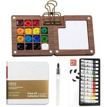 Watercolor Paint Set Travel Watercolor Set Pocket Artist Watercolor Travel Set With Watercolor Palette, Watercolor Brushes, 12 Colors, Watercolor Sketchbook Artists Painters StudentsWood - Wood + 15 Grids - View 2