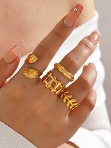 3pcs/Set Stainless Steel Minimalist 18K Gold Plated Leaf & Flower Design Rings Set, Suitable For Women's Daily Wear - Multicolor - View 12