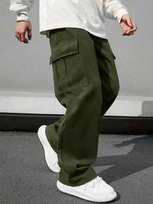 1 条男童/青少年复古简约工装裤，适合健身、户外、春秋季 - 軍綠色 - 查看 3