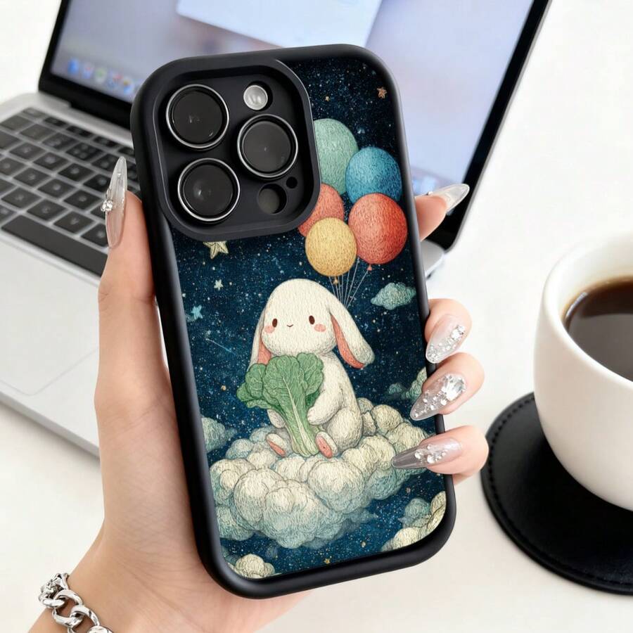 Cubierta de telefono con borde negro estampado conejo blanco con brócoli y globos en cielo estrellado para uso diario y trabajo - Blanco - Ver 1