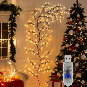 1 pieza/2 piezas Luz de rama, 288/144/96 LED Luz decorativa de ratán, Luz nocturna para decoración de dormitorio, Decoración de ambiente del hogar, Adecuado para familias, habitaciones, fiestas, salas de estar, bodas, campamentos, fiestas, regalos de cumpleaños (luz cálida), Decoración navideña, Decoración festiva