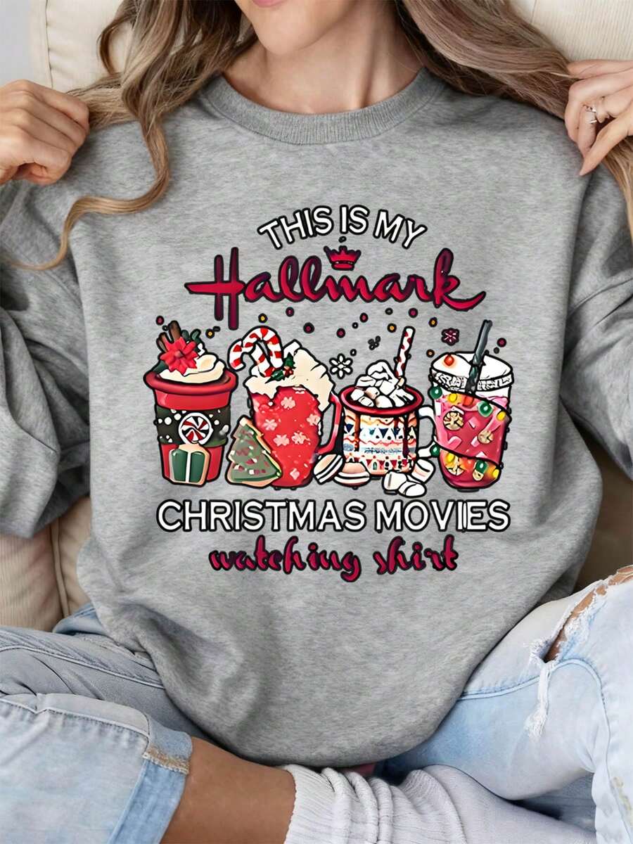 This Is My Hallmark Christmas Movies Watching Shirt Women Long Sleeve Sweatshirt Holiday Ugly Christmas Sweater Xmas Movie Night Gift For Her Cozy Winter Top - Xám - Xem 1