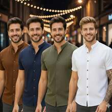 Kit Of 4 Men's Casual Short-Sleeve Shirts With Mandarin Collar, Comfortable Fabric, Year-End Promotional Combo - 彩色 - 查看 2