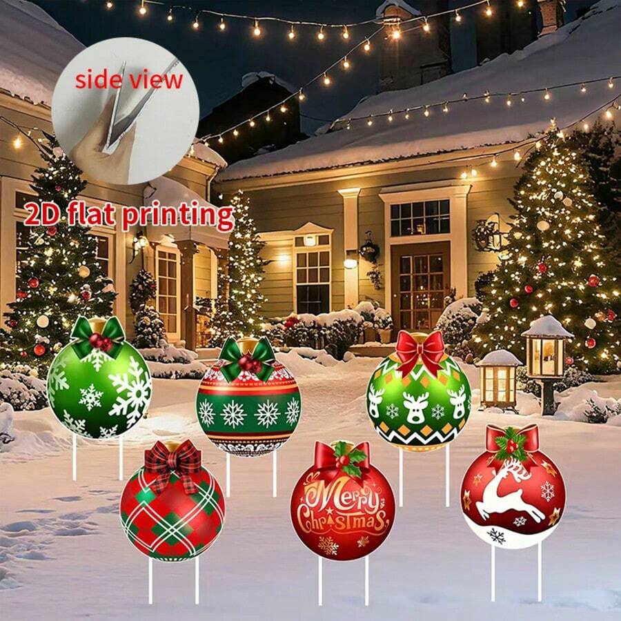 6 Peças Bolas de Natal para Decoração de Quintal Externo, Adequado para Superfícies Planas 2D, Acompanha 12 Estacas de Plástico, Decoração de Natal Externa, Estacas de Bola de Plástico de Natal Festivas para Quintal, Pátio, Gramado - Decorações de Feriados Externos