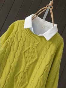 Autumn/Winter Women's Plus Size Round Neck Pullover Knit Long Sleeve Top - Matcha Green - View 3