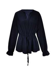 女士V领小丑系带衬衫，女士新款复古休闲宽松长袖系带衬衫（春季款） - 藏蓝色 - 查看 7