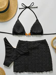 Bikinx 三件套女士波浪纹露背性感比基尼套装，含吊带上衣和纱笼裙，适合夏季海滩度假 - 黑色 - 查看 2