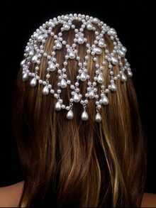 1pc Silver Mesh Hair Chain With Sparkling Crystal Water Drop Pendant Headpiece, Bridal Hair Accessory, Hair Vine Chain - Silver - View 2